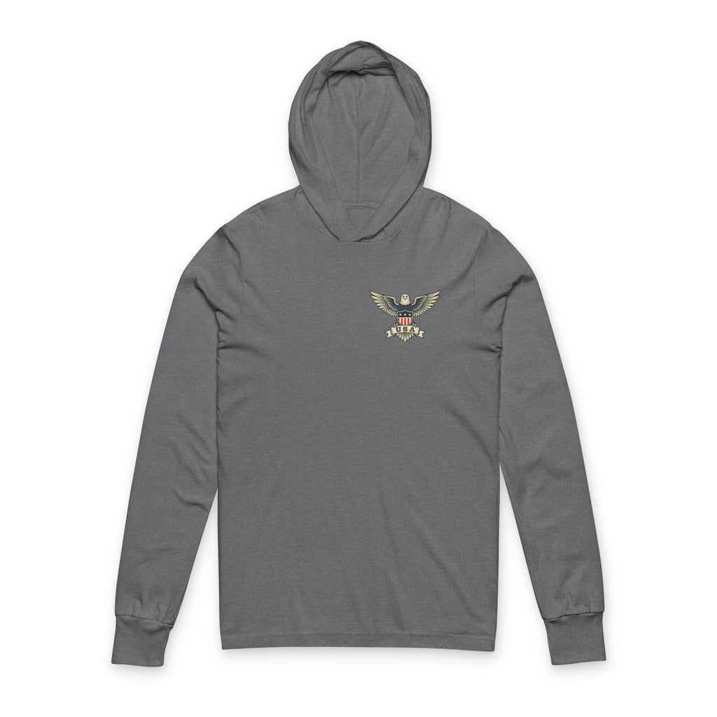 Eagle Crest Hooded Long-Sleeve Tee — Small Chest Emblem, Patriotic Casual Shirt