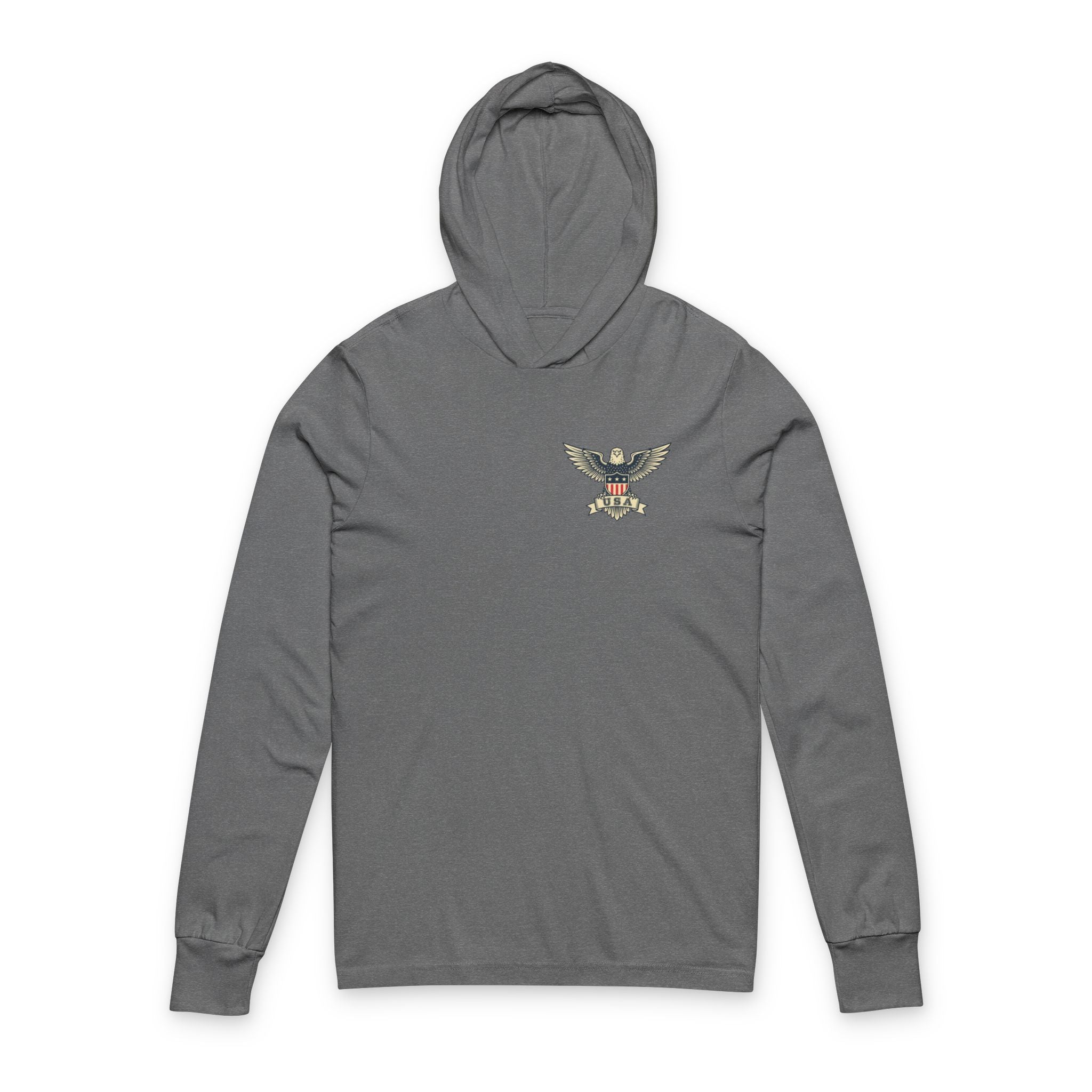 Eagle Crest Hooded Long-Sleeve Tee — Small Chest Emblem, Patriotic Casual Shirt