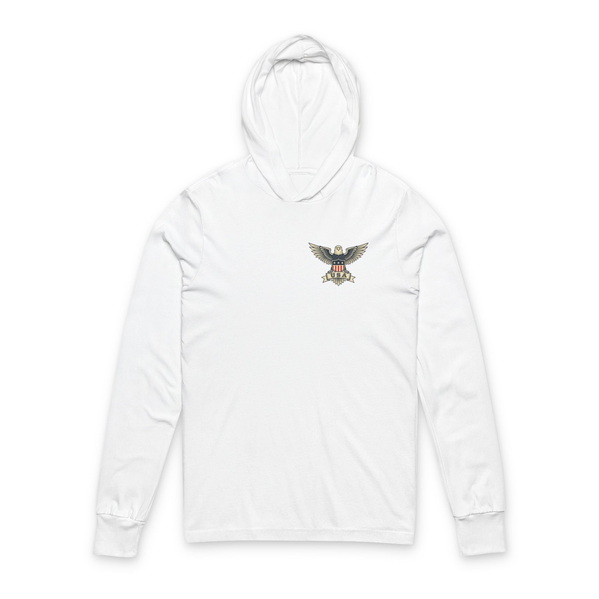 Eagle Crest Hooded Long-Sleeve Tee — Small Chest Emblem, Patriotic Casual Shirt